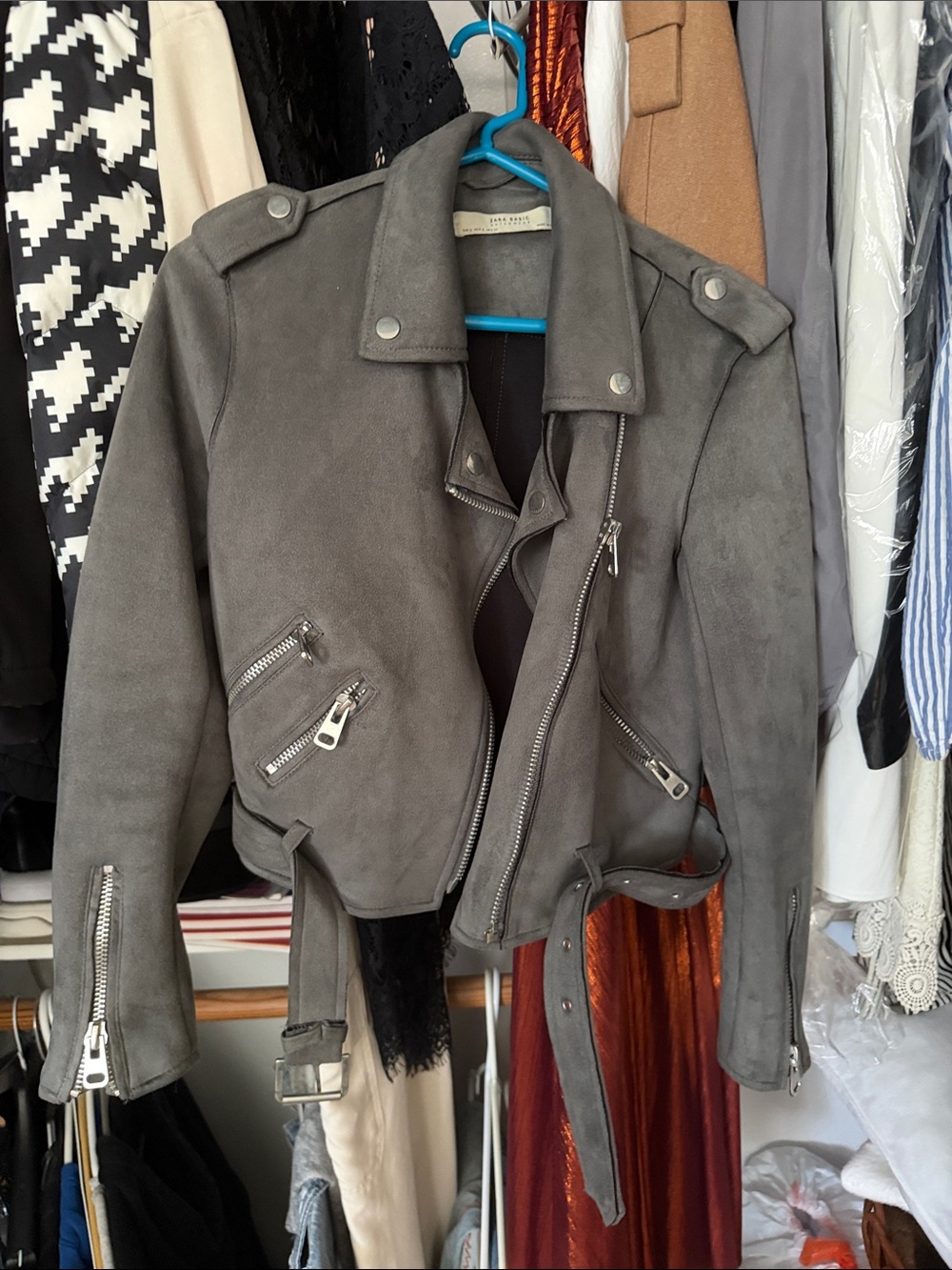 Zara Gray Suede Biker Jacket with Belt